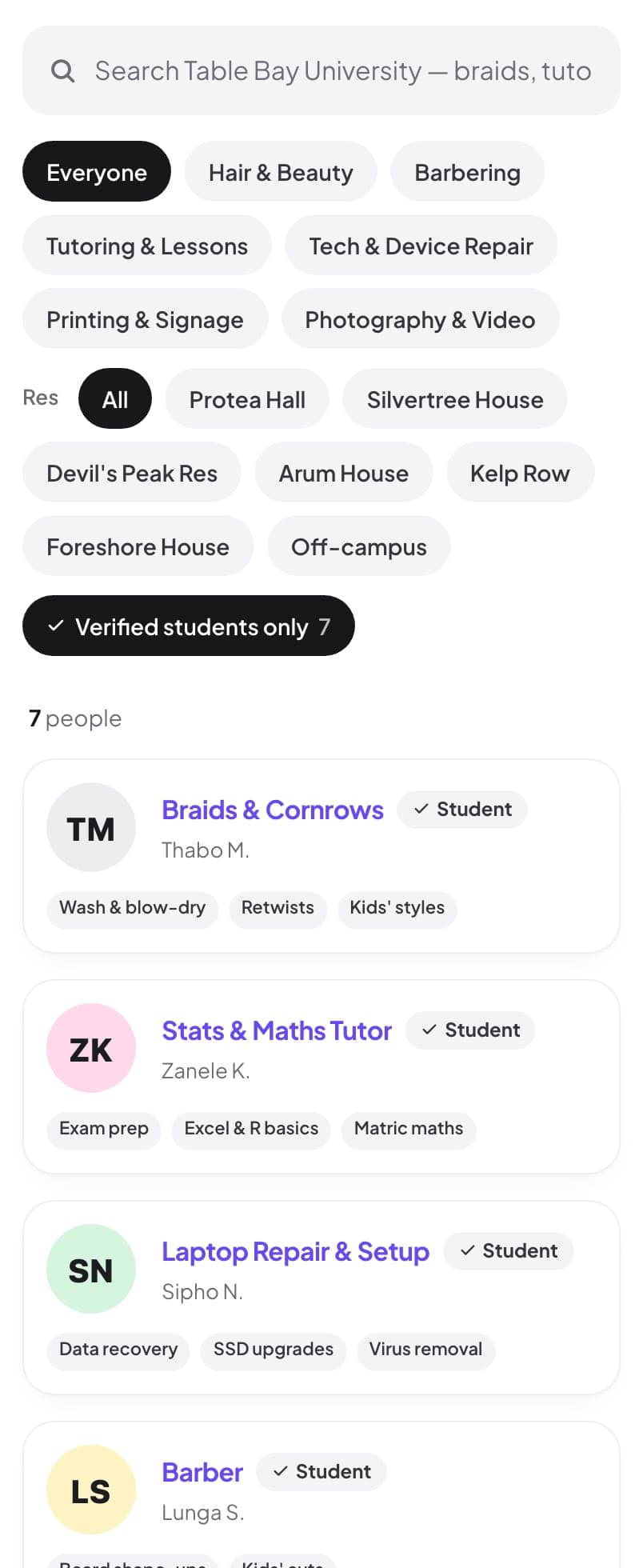 Listings on the campus board filtered by residence, with a Verified students only filter switched on