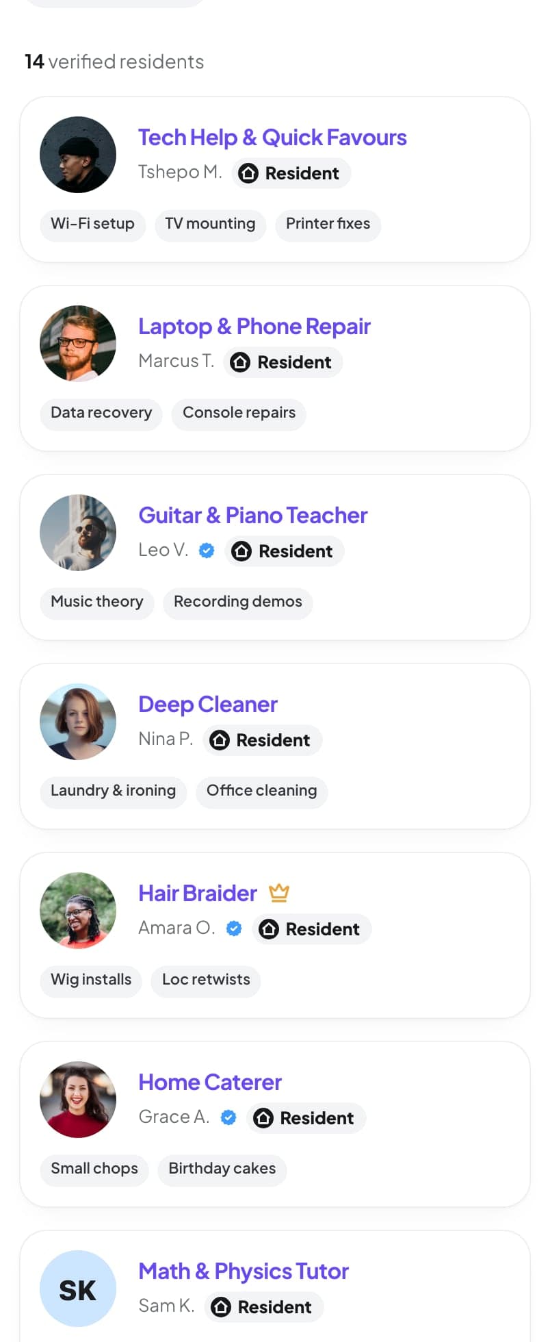 Resident listings in the private community, each marked as a verified resident with their trade and specialities